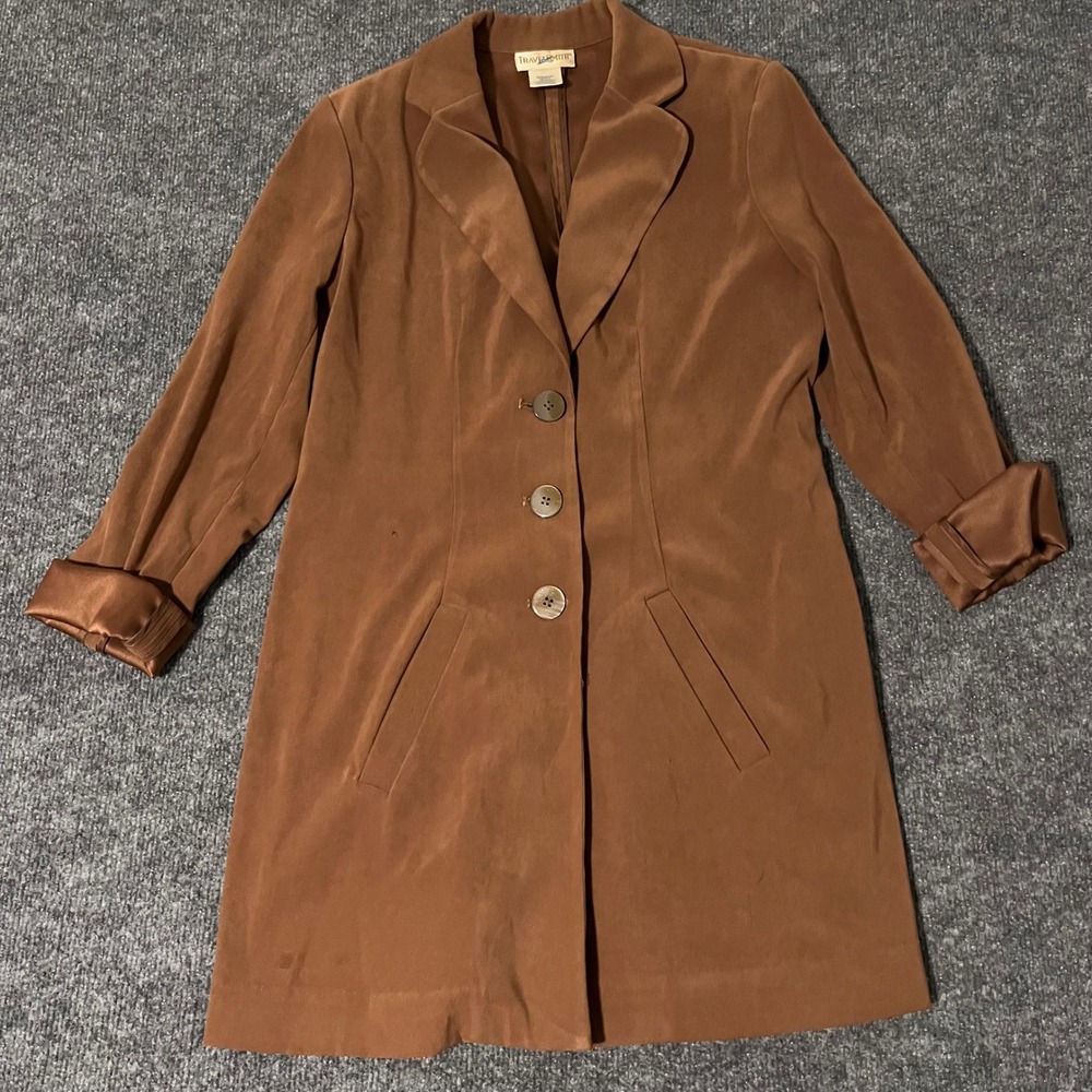 TravelSmith Womens Petite Small Brown Longline Blazer Jacket 3 Button 6487P